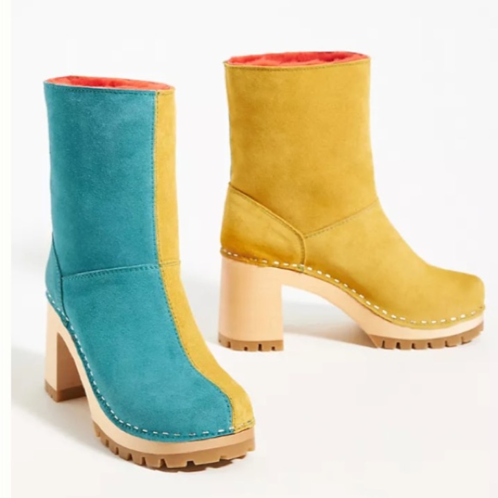 Anthropologie Teal and Mustard Ankle Boots
